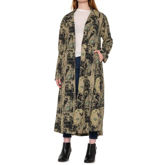 Free People Washed Black Rae Paisley Print Cotton & Linen Duster Jacket Large